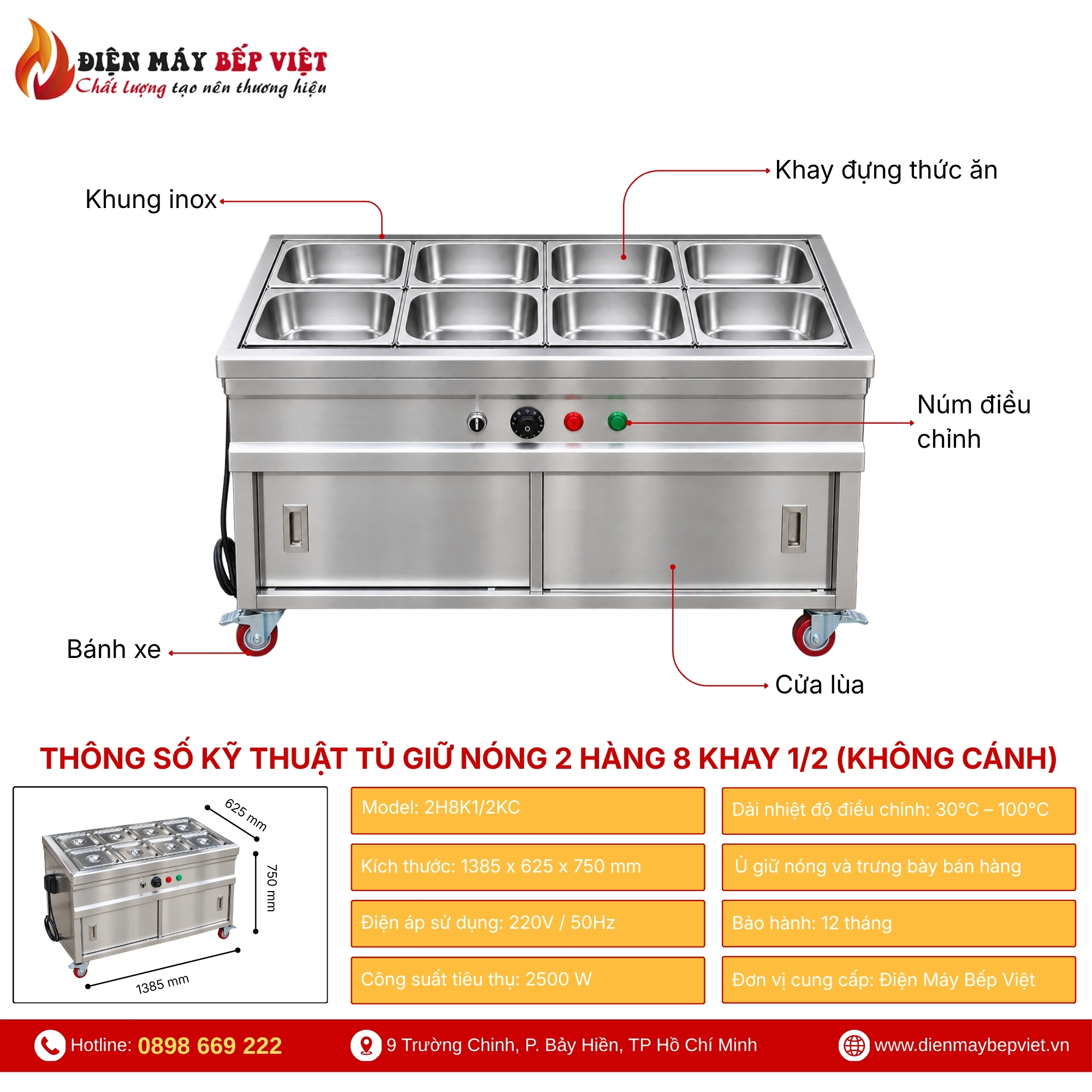 Tủ Quầy Giữ Nóng Thức Ăn 2 Hàng 8 Khay 1/2 (Không Cánh)