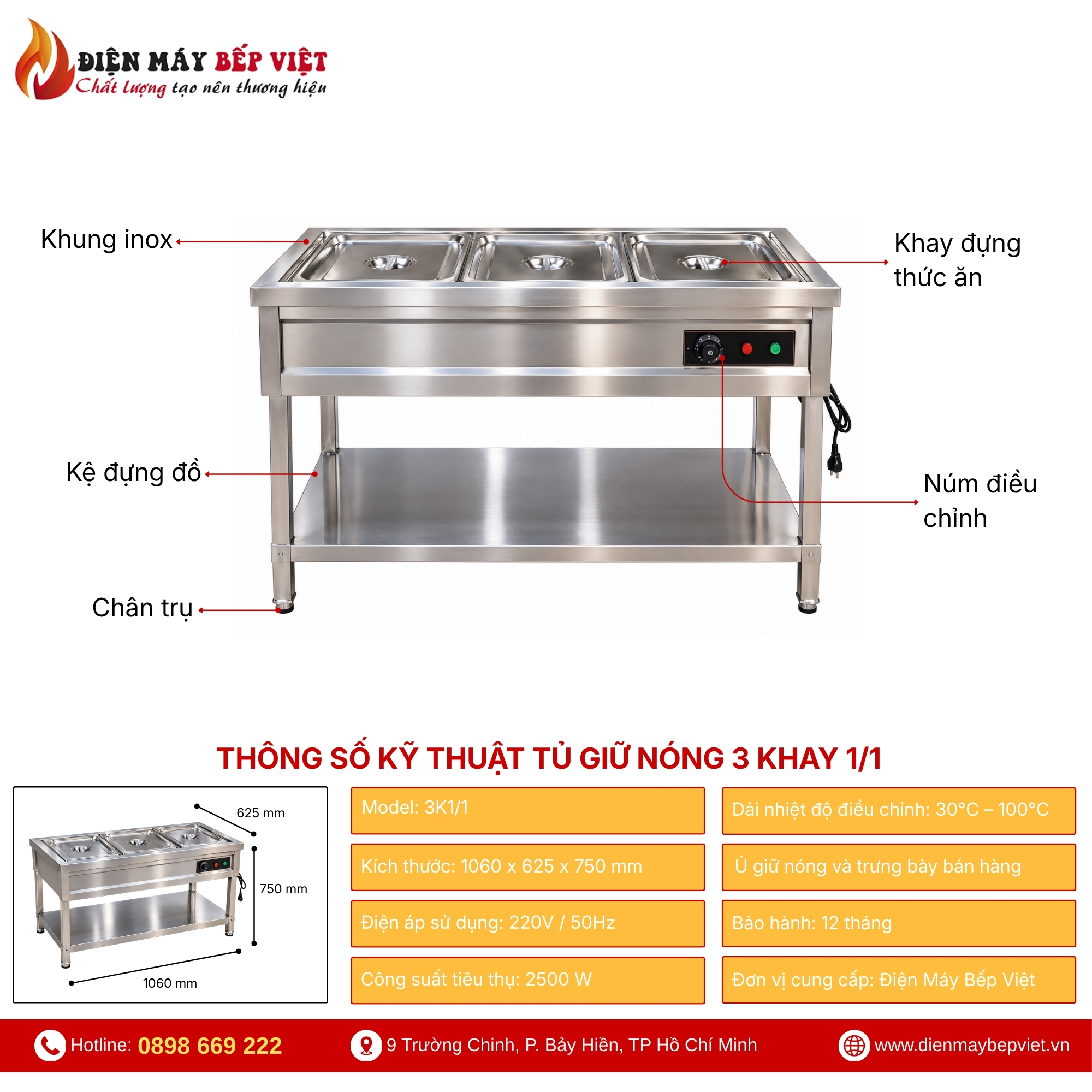 Tủ Quầy Giữ Nóng Thức Ăn 3 Khay 1/1