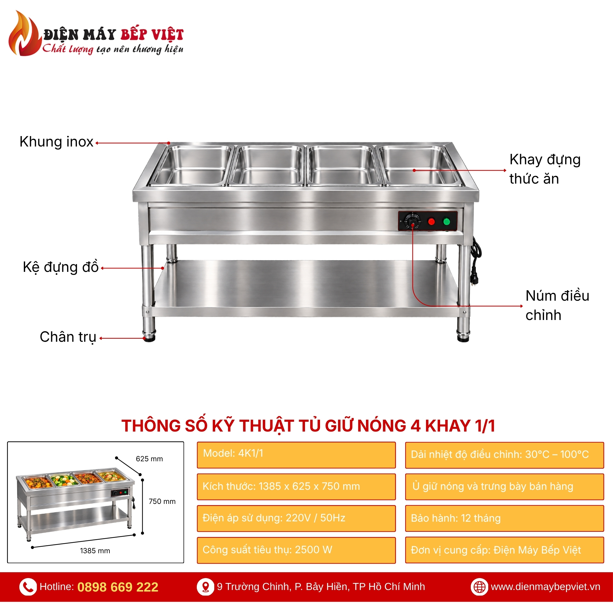 Tủ Quầy Giữ Nóng Thức Ăn 4 Khay 1/1