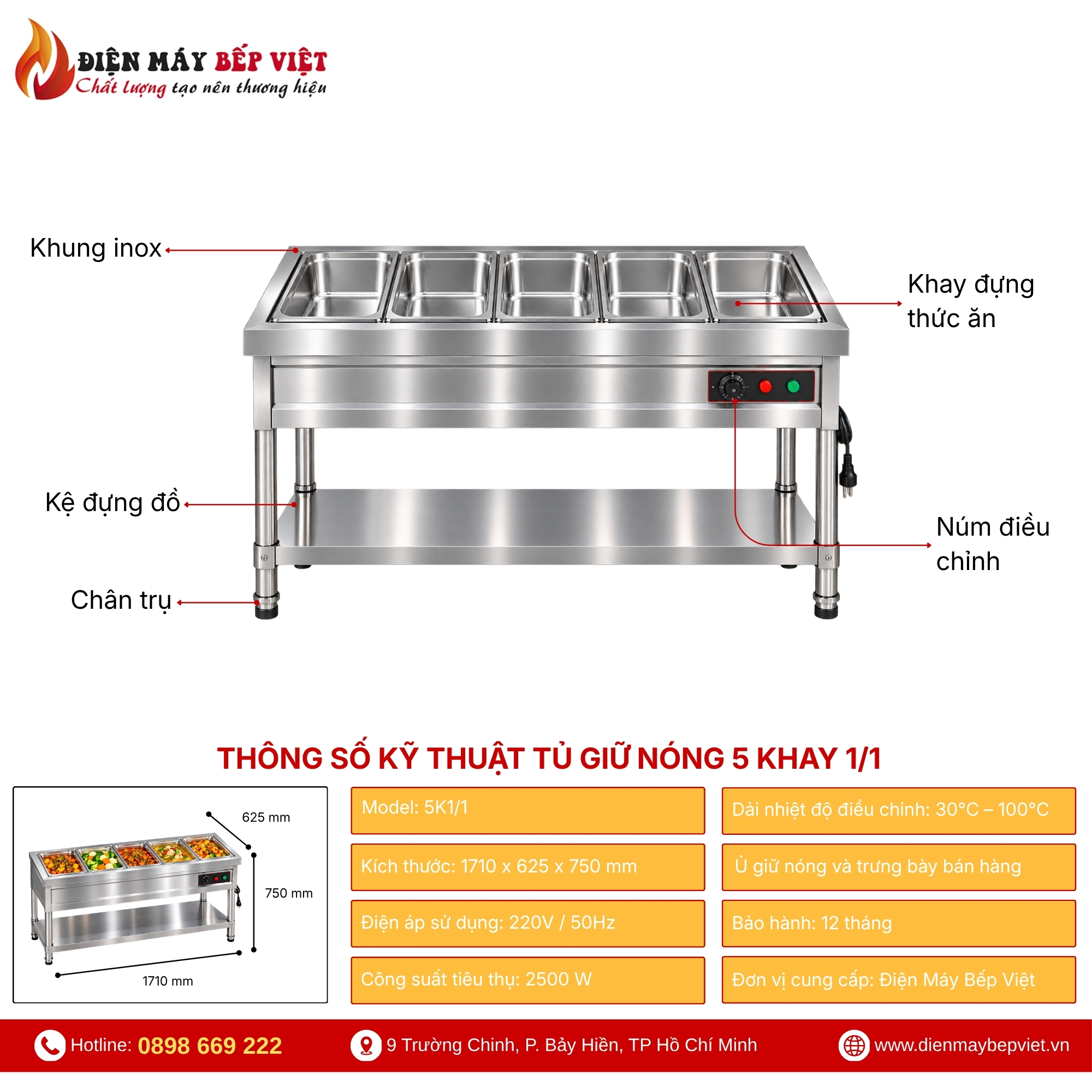 Tủ Quầy Giữ Nóng Thức Ăn 5 Khay 1/1