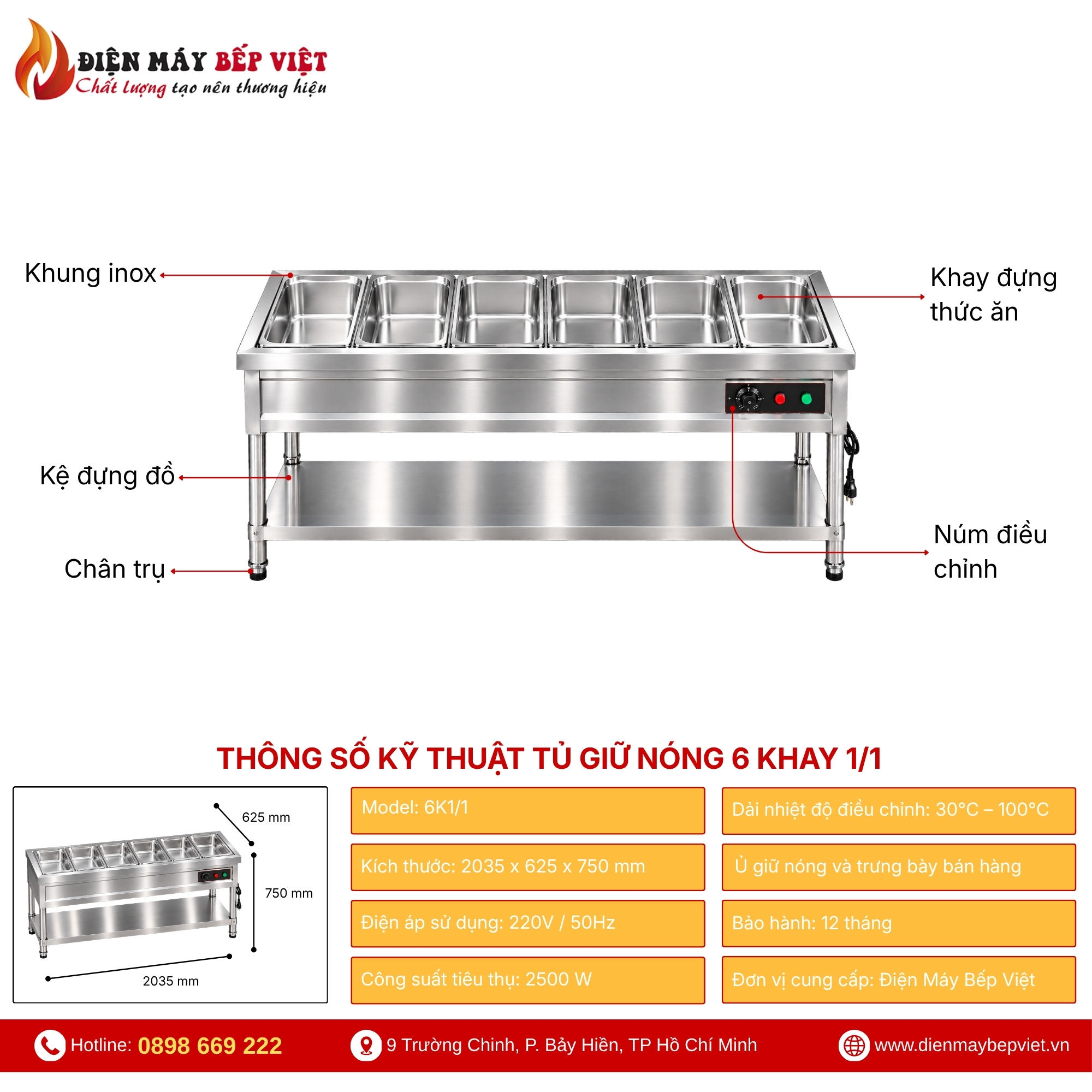 Tủ Quầy Giữ Nóng Thức Ăn 6 Khay 1/1