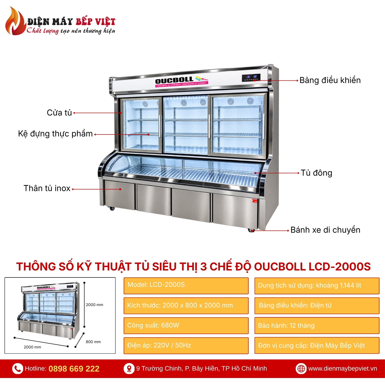 Tủ Siêu Thị 3 Chế Độ Mát – Đông Mềm – Đông Cứng Oucboll LCD-2000S