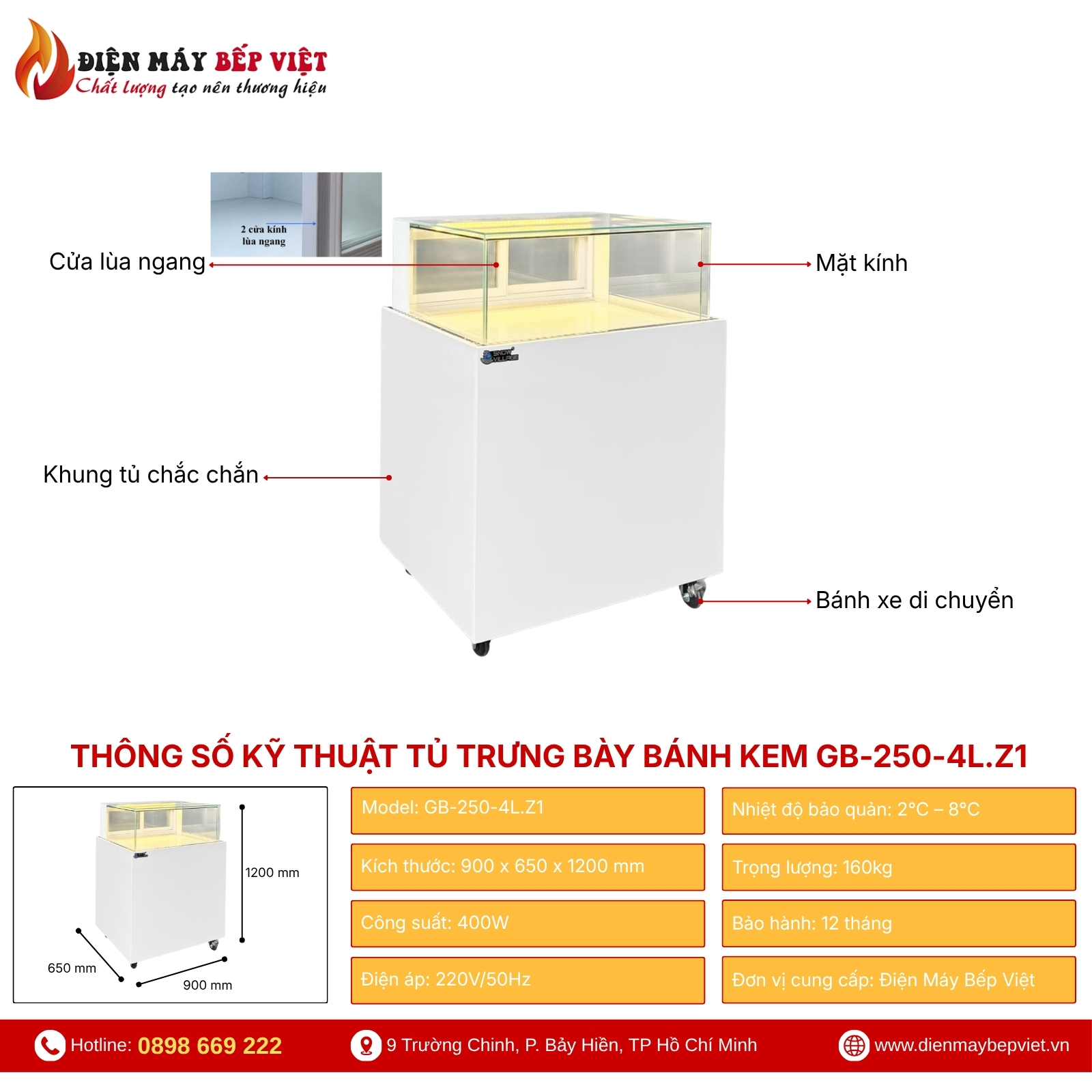 Tủ Trưng Bày Bánh Kem Vuông 90cm Snow Village GB-250-4L.Z1