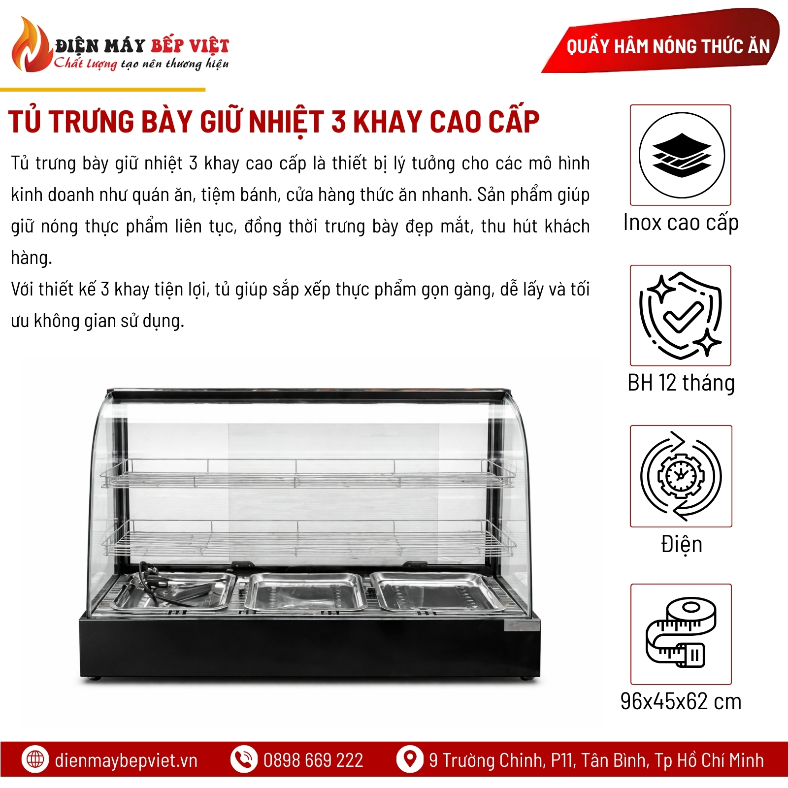 Tủ Trưng Bày Giữ Nhiệt 3 Khay Cao Cấp