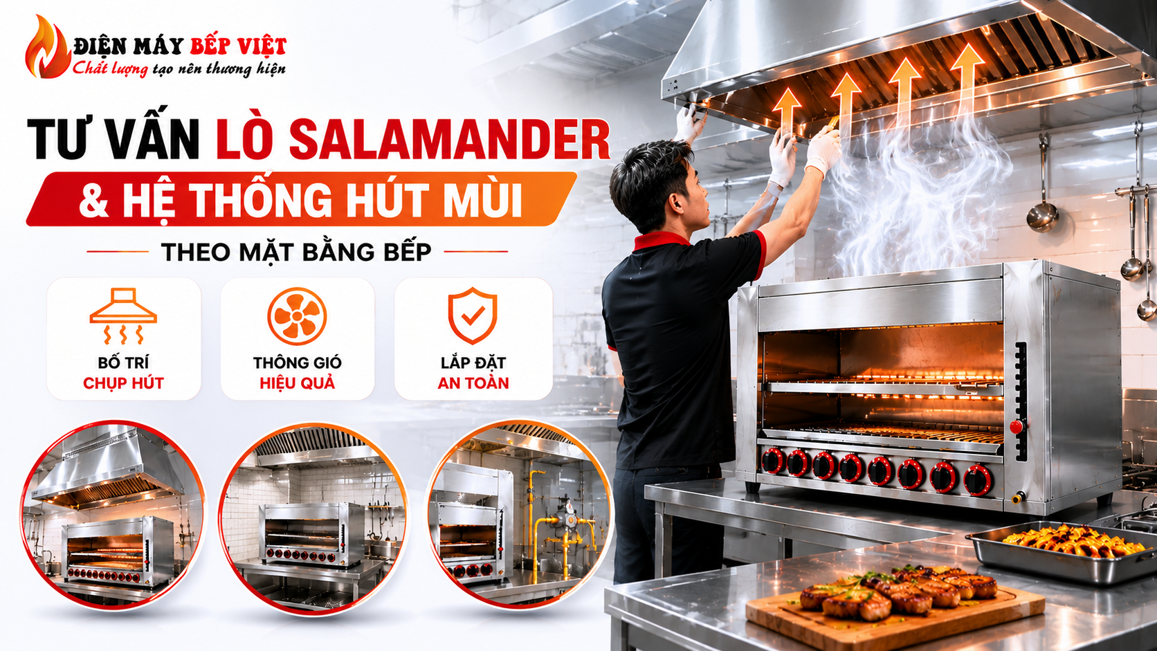 Kỹ thuật viên Điện Máy Bếp Việt tư vấn lắp đặt lò nướng Salamander và hệ thống hút mùi theo mặt bằng bếp nhà hàng thực tế.