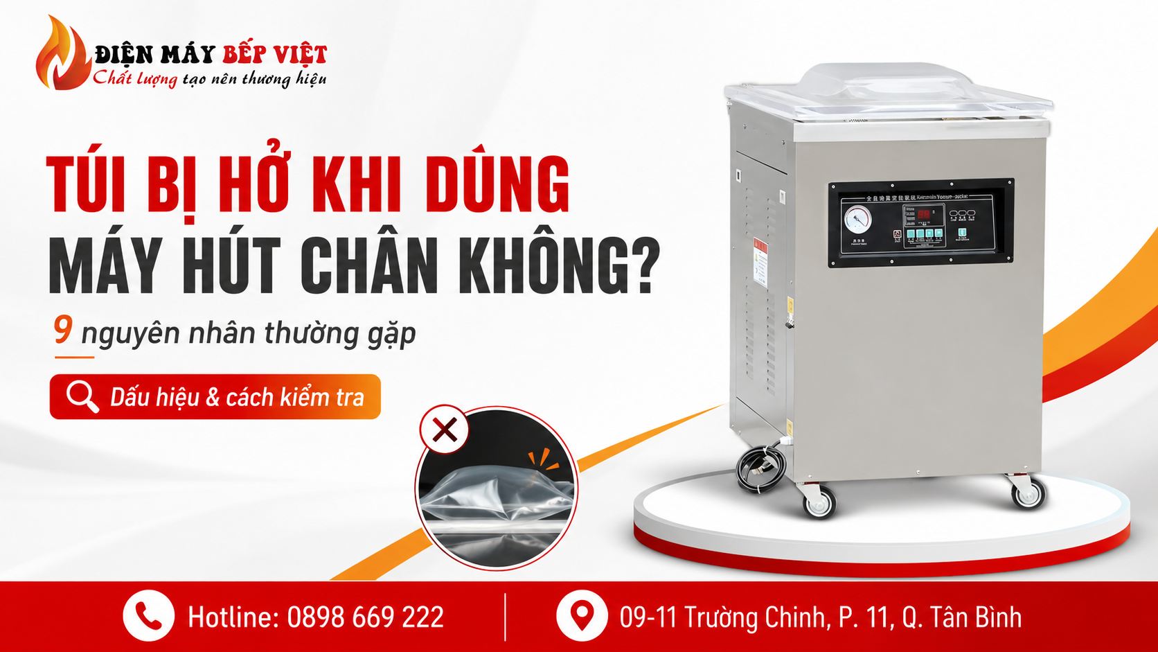 Máy hút chân không công nghiệp minh họa lỗi túi bị hở khi dùng máy hút chân không dù đã hàn miệng túi.
