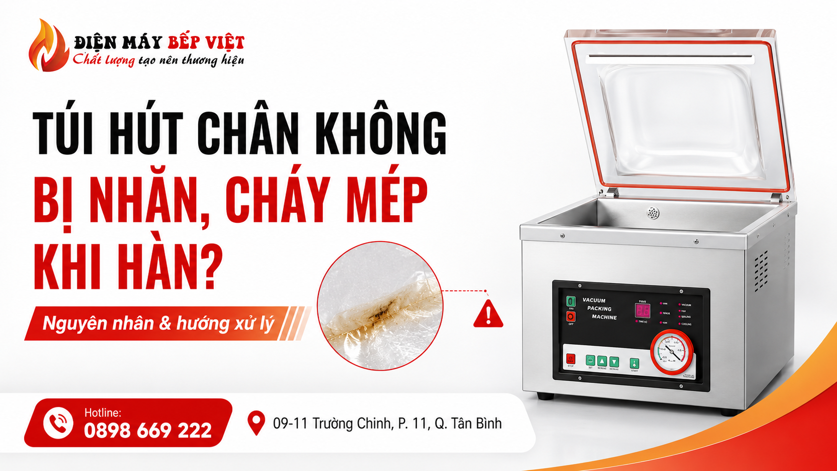 Máy hút chân không buồng inox minh họa lỗi túi hút chân không bị nhăn cháy mép khi hàn.