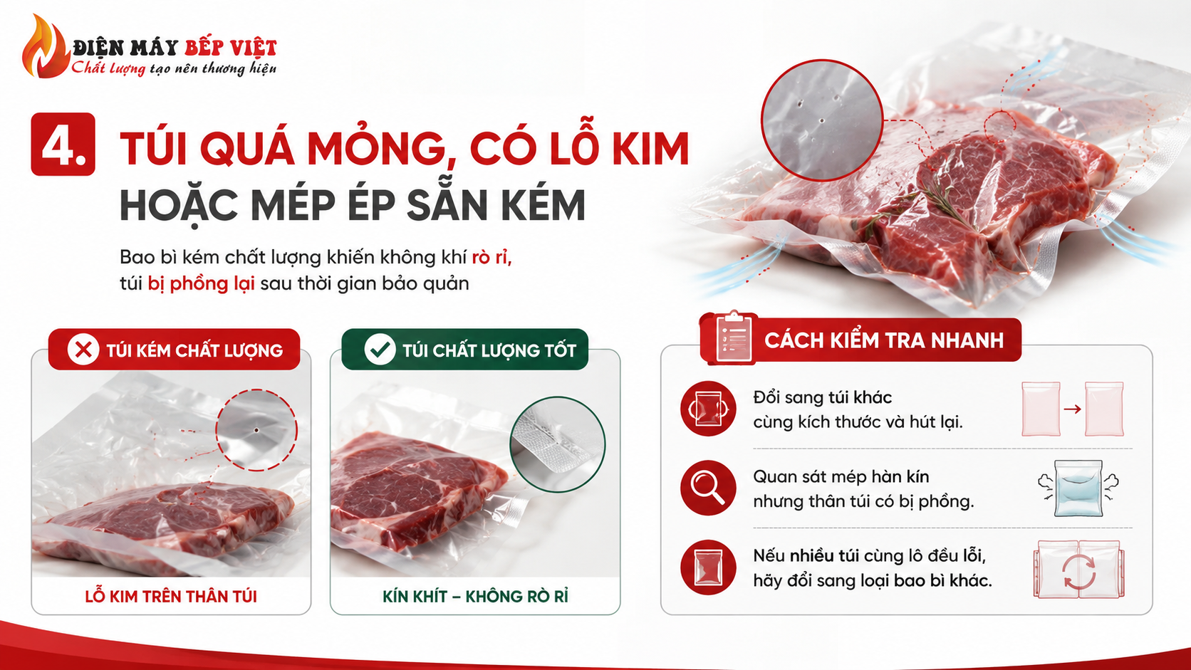 Infographic minh họa lỗi túi hút chân không quá mỏng, có lỗ kim hoặc mép ép sẵn kém khiến túi bị rò khí và phồng lại sau khi bảo quản.