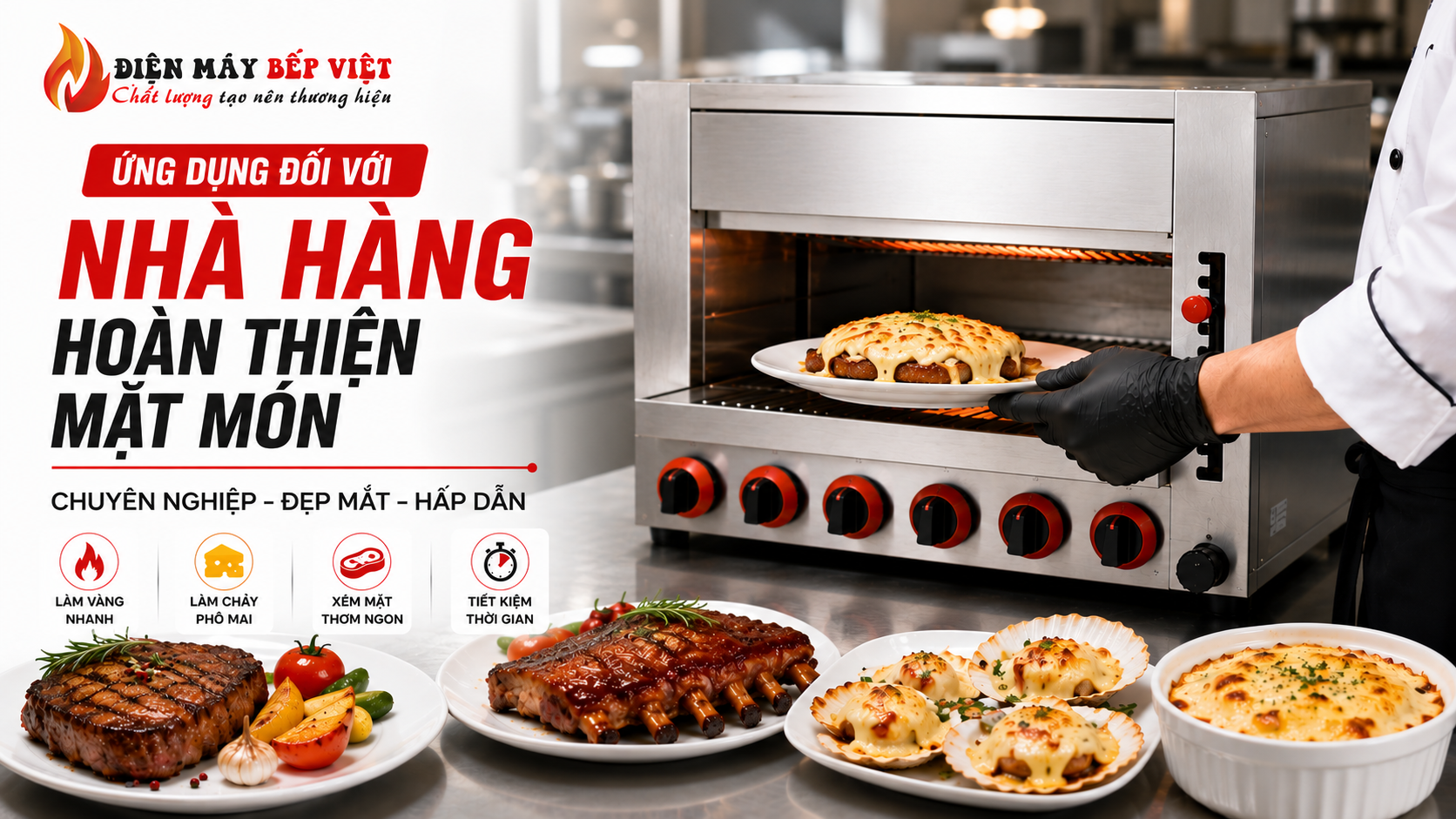Lò nướng Salamander ứng dụng trong nhà hàng với các món steak, sườn nướng và hải sản phủ phô mai được hoàn thiện mặt món trước khi phục vụ.