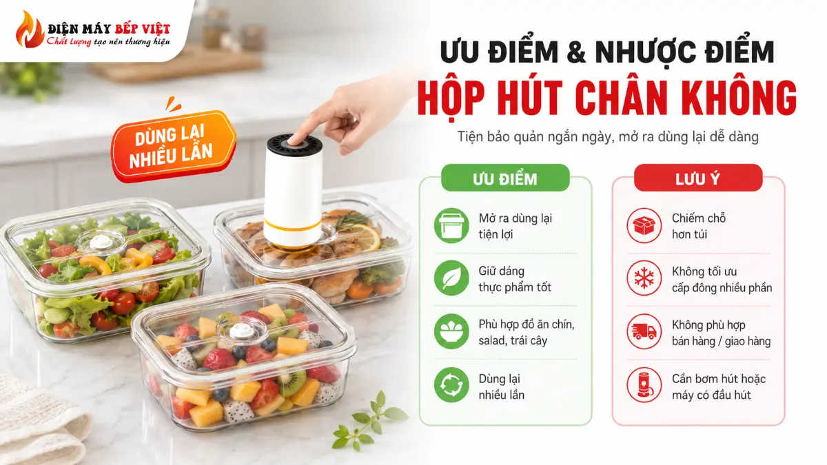 Hộp hút chân không đựng salad, trái cây và đồ ăn chín được minh họa cùng các ưu điểm và lưu ý khi dùng để bảo quản thực phẩm ngắn ngày trong tủ mát.