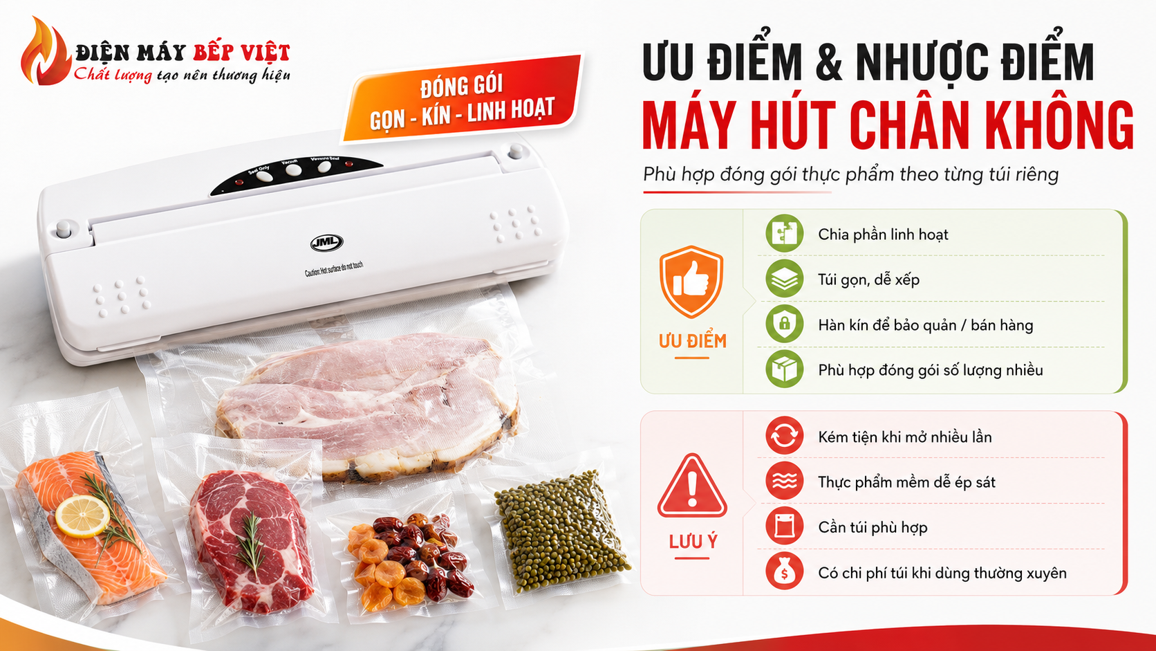 Máy hút chân không đang đóng gói thịt cá và thực phẩm khô trong túi riêng, minh họa ưu điểm đóng gói gọn kín linh hoạt và các lưu ý khi dùng túi hút chân không.