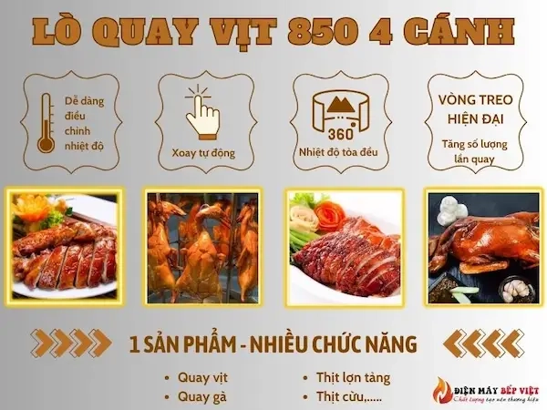 lò quay vịt 850 (4 cánh) giúp thịt vịt chín nhanh, chín đều, lên màu đẹp mắt