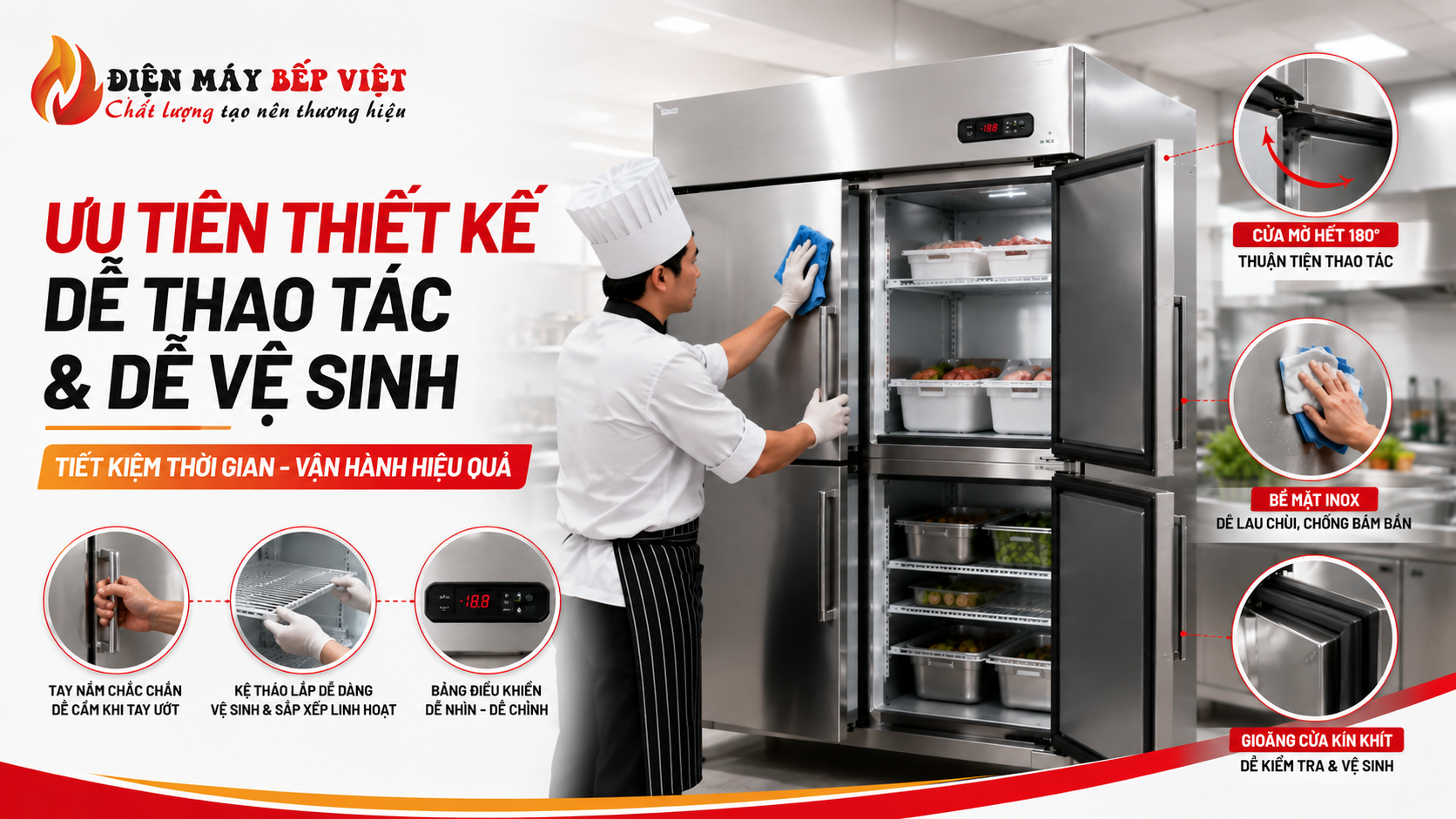 Nhân viên bếp vệ sinh và thao tác trên tủ đông công nghiệp inox với thiết kế dễ mở cửa, dễ lau chùi và thuận tiện sử dụng trong bếp nhà hàng.