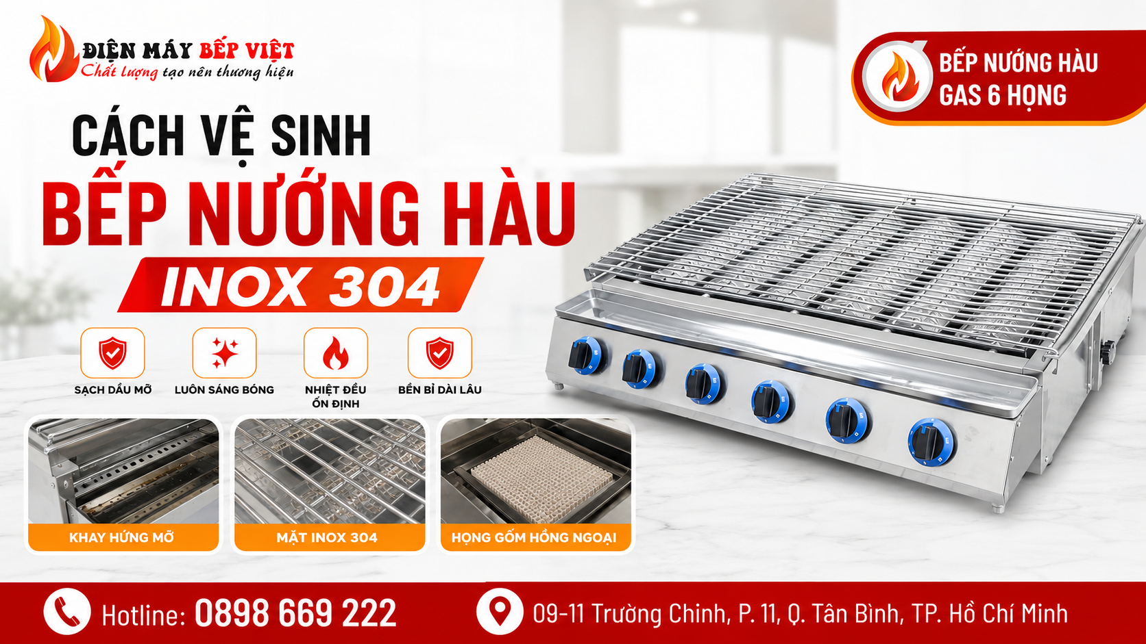 Bếp nướng hàu inox 304 Điện Máy Bếp Việt được vệ sinh sạch dầu mỡ với họng gốm hồng ngoại và mặt inox sáng bóng