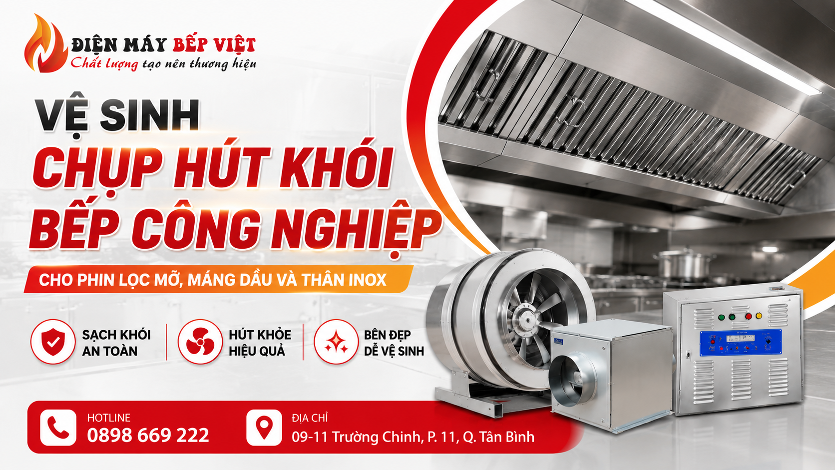 Vệ sinh chụp hút khói bếp công nghiệp cho phin lọc mỡ, máng dầu và thân inox tại bếp nhà hàng