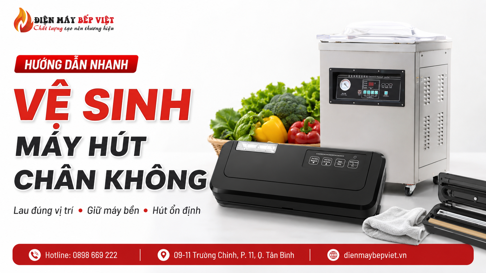 Máy hút chân không gia đình và máy hút chân không công nghiệp được minh họa cùng khăn lau, rau củ và khoang hàn mở để hướng dẫn vệ sinh máy hút chân không đúng vị trí.