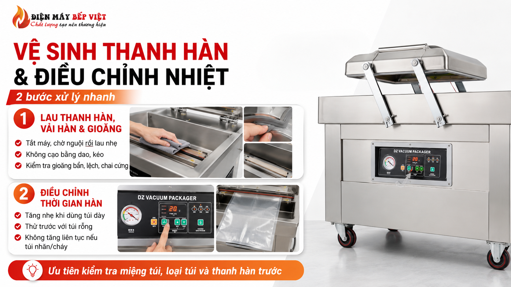 Infographic minh họa máy hút chân không inox với các bước vệ sinh thanh hàn, kiểm tra gioăng và điều chỉnh thời gian hàn để hạn chế lỗi không hàn miệng túi.