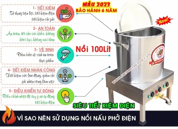 Sử dụng nồi điện nấu phở 100 lít giúp tiết kiệm điện, an toàn sức khỏe