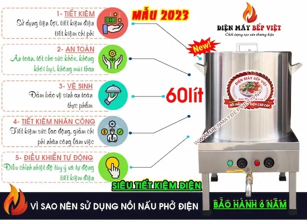 Sử dụng nồi nấu phở 60 lít giúp tiết kiệm điện, an toàn sức khỏe...