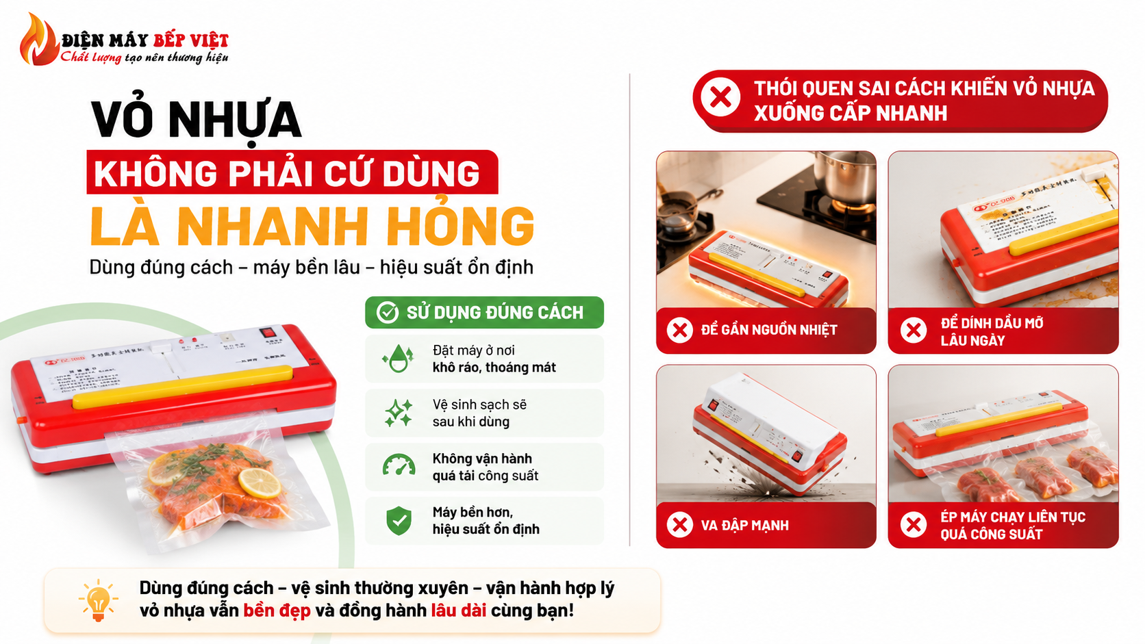 Máy hút chân không vỏ nhựa được minh họa cùng các thói quen sử dụng đúng và sai, giúp người dùng bảo quản máy bền hơn khi đặt nơi khô ráo, vệ sinh sạch và không vận hành quá tải.