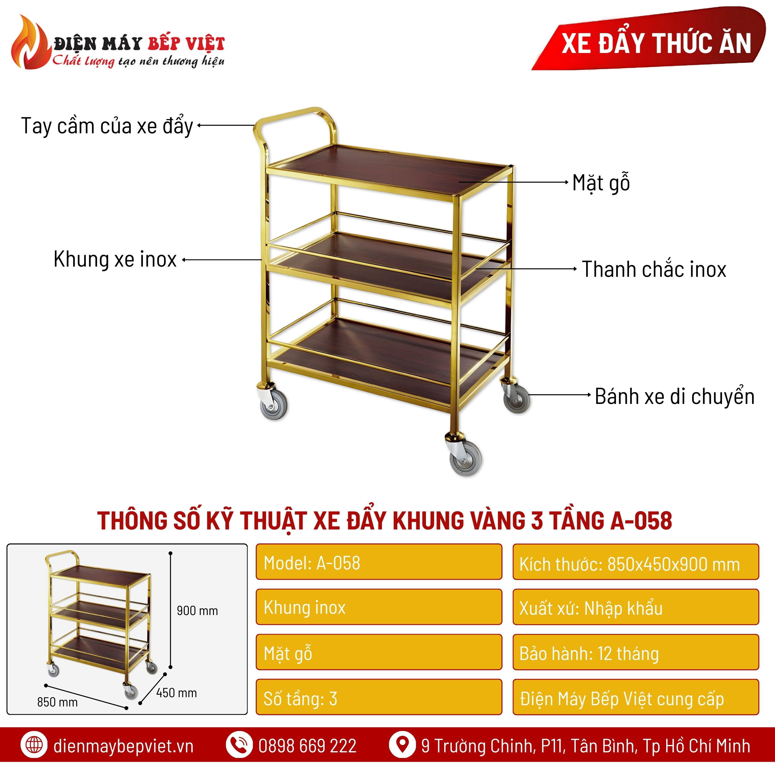 Xe đẩy lẩu - rượu khung vàng A-058