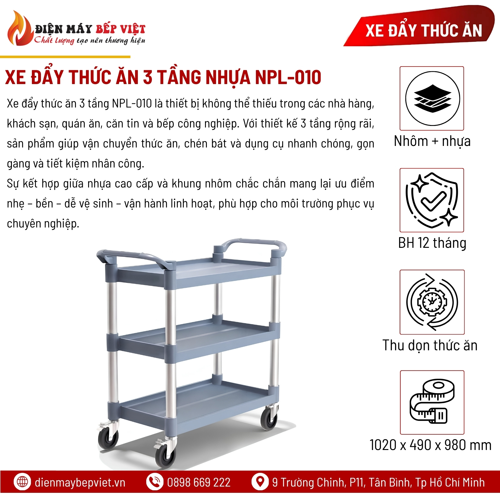 Xe Đẩy Thức Ăn 3 Tầng (Nhựa) NPL-010