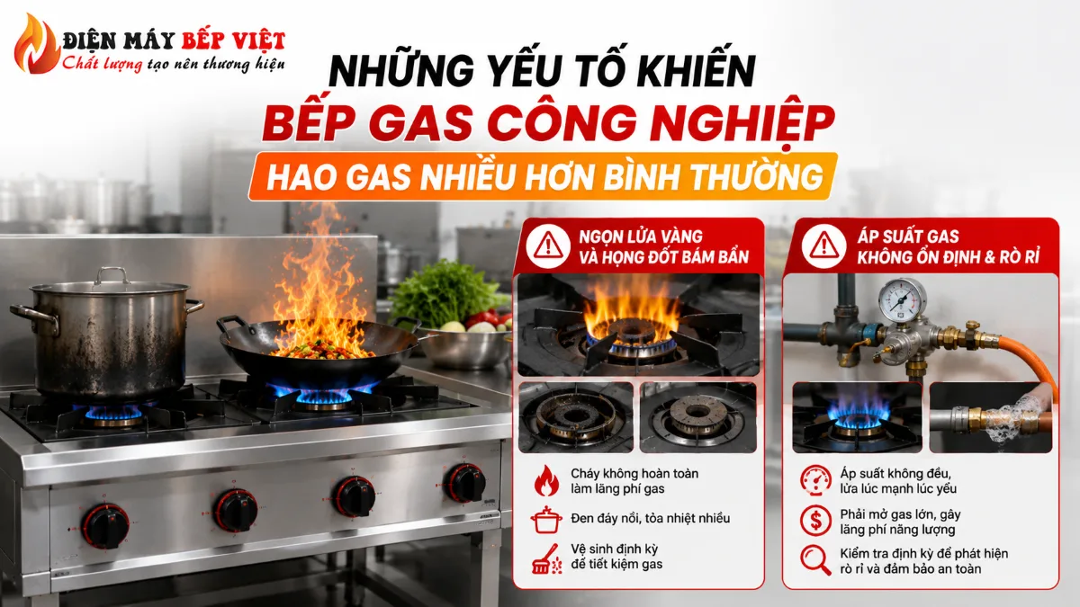 Bếp gas công nghiệp với ngọn lửa vàng, họng đốt bám bẩn và hệ thống gas rò rỉ được minh họa để phân tích nguyên nhân hao gas trong khu bếp.