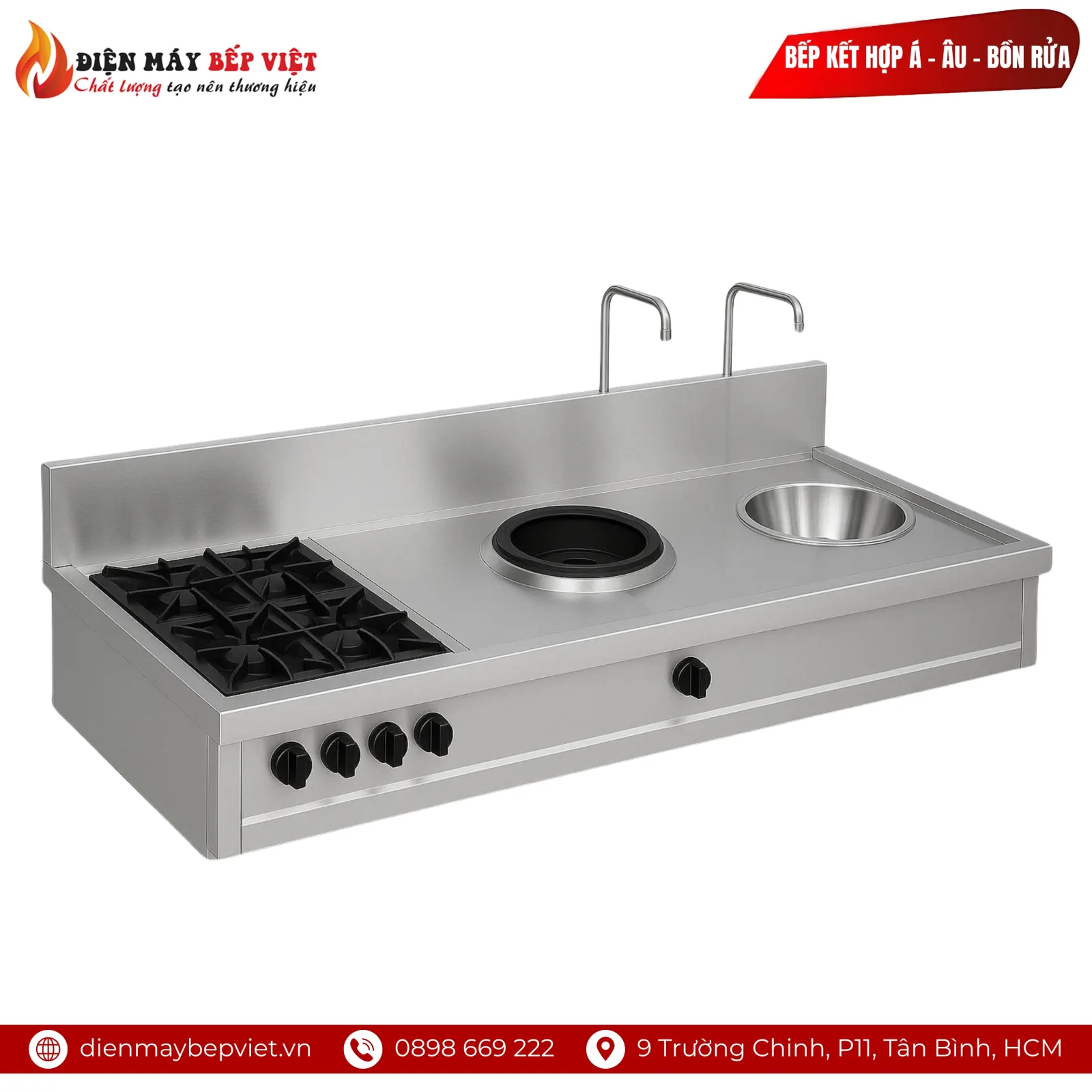 Bếp Kết Hợp 1 Họng Á - 4 Họng Âu - 1 Bồn Rửa Inox