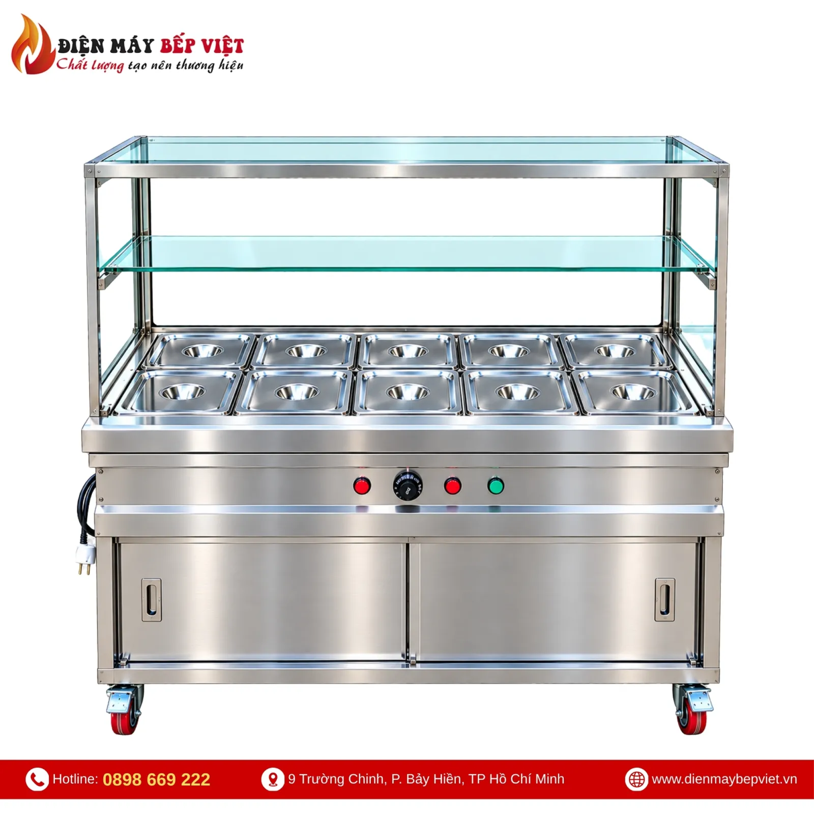Tủ Quầy Giữ Nóng Thức Ăn 2 Hàng 10 Khay 1/2 Có Quầy Kính (Không Cánh Tủ)