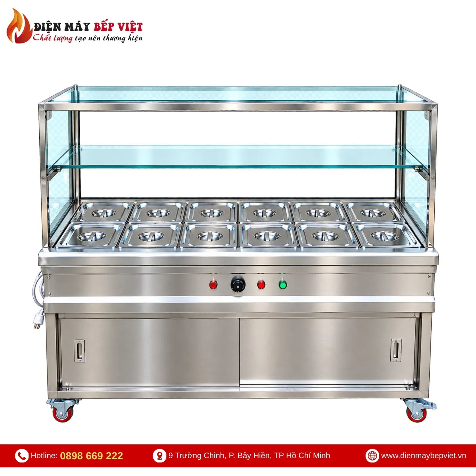 Tủ Quầy Giữ Nóng Thức Ăn 2 Hàng 12 Khay 1/2 Có Quầy Kính (Không Cánh Tủ)