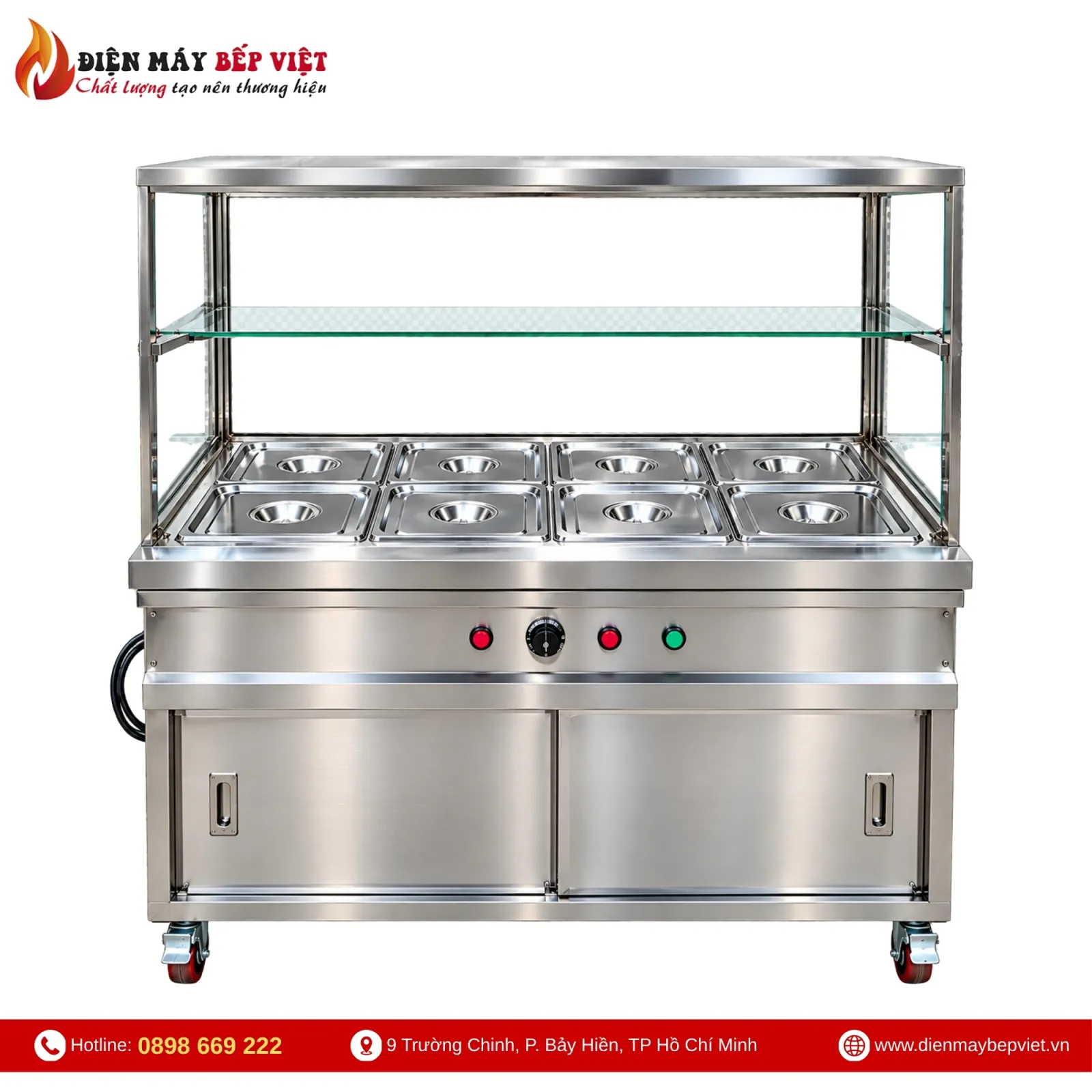 Tủ Quầy Giữ Nóng Thức Ăn 2 Hàng 8 Khay 1/2 Có Quầy Kính (Không Cánh Tủ)