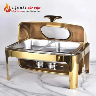 Nồi Hâm Nóng Buffet Bán Nguyệt (OVAL) Có Chân Nắp Kính Mạ Vàng