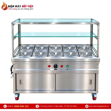 Tủ Quầy Giữ Nóng Thức Ăn 2 Hàng 10 Khay 1/2 Có Quầy Kính (Không Cánh Tủ)