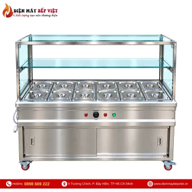 Tủ Quầy Giữ Nóng Thức Ăn 2 Hàng 12 Khay 1/2 Có Quầy Kính (Không Cánh Tủ)